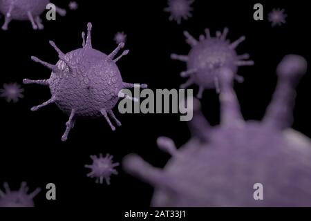 3D-Rendering-Mikroskop-Virus Nahaufnahme. 3D-Abbildung Viren, die Infektionskrankheiten verursachen, verringerte Immunität Beispiel Hepatitis, H1N1, HIV, GRIPPE, HILFE Stockfoto