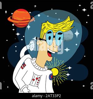 Vektor handgezeichnete Abbildung eines Astronauten im All mit Planeten und Sternen im Hintergrund. Stock Vektor