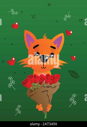 Niedliche Katze, die einen Haufen Blumen hält. Valentinskarte. Vektor-Cartoon-Illustration. Stock Vektor
