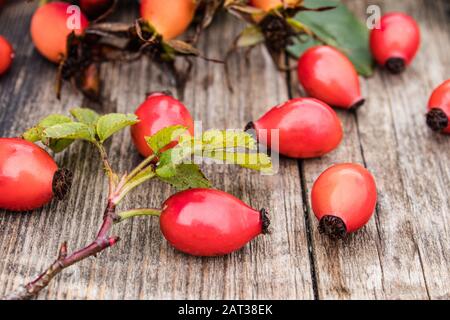Rote Beeren und Roseheifblätter auf einem Holztisch. Nahaufnahme. Stockfoto