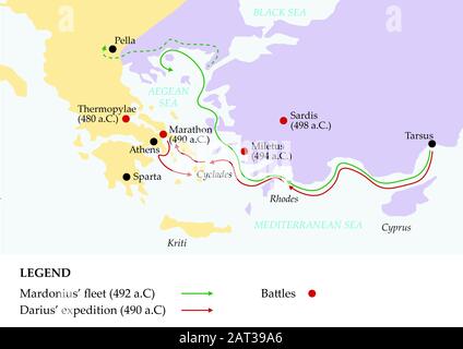 Karte des antiken griechenlands mit der persischen Invasion Griechenlands. Stockfoto