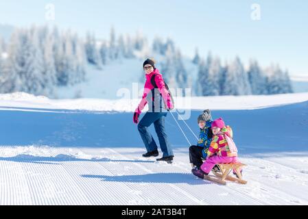 Mutter zieht den Schlitten mit dem Jungen und dem Mädchen. Spielkonzept für Schnee- und Winterurlaub Stockfoto