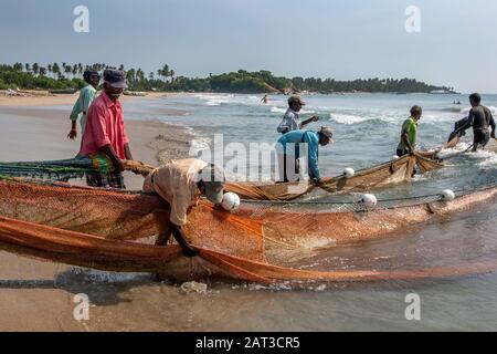 Lokale seine Fischer ziehen ein Fischernetz auf Uppuveli Strand in Sri Lanka in den frühen Morgen. Stockfoto