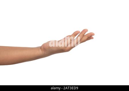 Öffnen Sie die Handfläche, die auf dem weißen Hintergrund isoliert ist. Stockfoto