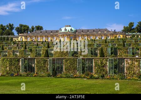 Potsdam, Brandenburg/Deutschland - 2018/07/29: Panoramablick auf das Schloss Sanssouci Sommerpalast und Wein Garten im Park Sanssouci Stockfoto