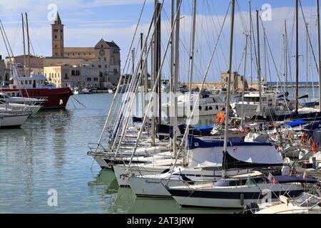 Trani, Apulien/Italien - 06.08.24: Panoramaaussicht auf den Yachthafen Trani Adria mit an den Piers angedockten Booten und Jachten, die mit der Promenade Via Statuti Maritimi umkreist sind. Stockfoto