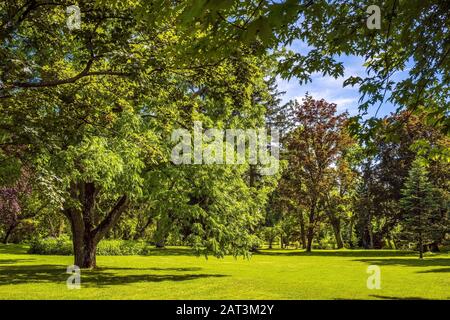 Zelazowa Wola, Masovia/Polen - 2019/06/23: Historischer Herrensitzpark in Zelazowa Wola, in dem das Museum von Fryderyk Chopin - berühmter polnischer Pianist und Komponist - ausgestellt ist Stockfoto