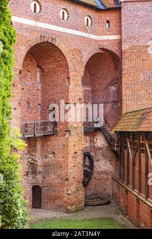 Malbork, Pomerania/Polen - 2019/08/24: Monumentale gotische Verteidigungsarchitektur des Hochburg Teils der mittelalterlichen Burg des Deutschen Orden in Malbork, Polen Stockfoto