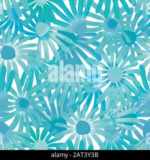Blaue Echinacea Blumen Wandhintergrund. Handbemaltes, nahtloses Vektormuster für einen lockeren Webeffekt. Für Sommer, Urlaub Gesundheit und Schönheit Stock Vektor