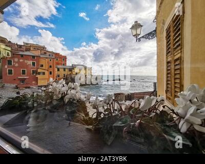 bucht von Boccadasse vom Fenster aus gesehen Stockfoto