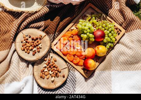 Picknick in der Natur. Auf der Plaid sind frische Früchte, getrocknete Früchte und Nüsse auf einem Tablett angeordnet Stockfoto