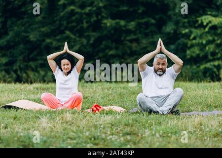 Paare im mittleren Alter, die zusammen Yoga im Freien machen und Geste namaste unter ihnen machen. - Bild Stockfoto