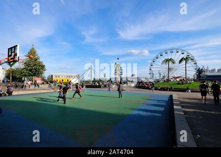 Park Fiction mit Basketballplatz und Kunstpalmen, St. Pauli, Hamburg Stockfoto