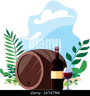Flasche und Glas Wein mit Fass im Hintergrund, Vektorgrafiken im Querformat Stock Vektor