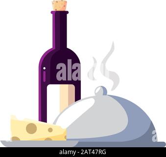 Flaschenwein mit Käse- und Tablet-Server auf weißem Hintergrund Vektorgrafiken Stock Vektor