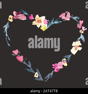 Hochzeitsplaner, Kranz, Blumen, Pfeile, Herzen, Lorbeer, Bänder und Etiketten. Stockfoto