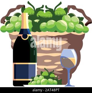 Flasche und Glas Wein mit Trauben im Korbvektor-Illustrationsdesign Stock Vektor