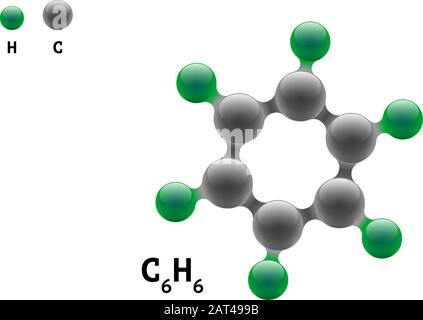 Chemie-Modell Molekül Benzol C6H6 wissenschaftliche Element Formel. Integrierte Partikel natürliche anorganische 3d-Benzol-Molekülstrukturverbindung. Sechs Kohlenstoff und Wasserstoff Volumen Atom Vektor eps Kugeln Stock Vektor