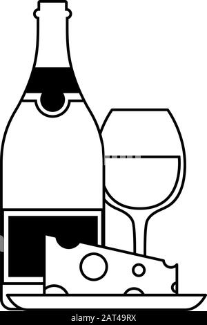 Flasche und Glas Wein mit Vektorgrafiken aus Käse Stock Vektor