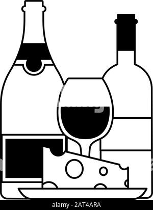 Flasche und Glas Wein mit Vektorgrafiken aus Käse Stock Vektor