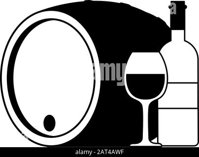 Flasche und Glas Wein mit Fass auf weißem Hintergrund Vektorgrafiken Stock Vektor