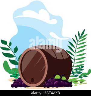 Trauben verzweigen und Weinfass auf Hintergrund Landschaft Vektor Illustration Design Stock Vektor