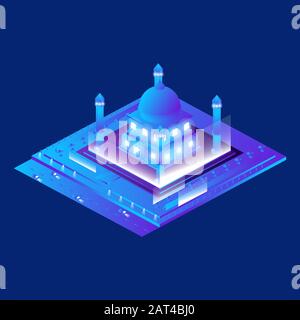 Vektorisometrisches Symbol oder infographisches Element, das ein niedrigpoliges Moscheebau mit Minarett darstellt. Stock Vektor