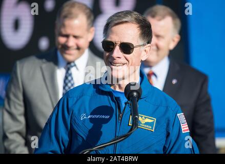 Kennedy SPACE CENTER, USA - 19. Dezember 2019 - Boeing-Astronaut Chris Ferguson ist während einer Pressekonferenz vor dem Boeing Orbital Flight Test mi zu sehen Stockfoto