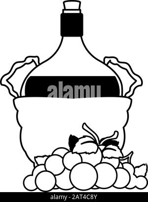 Flasche Wein in Korbkorb und Trauben auf weißem Hintergrund Vektorgrafiken Stock Vektor