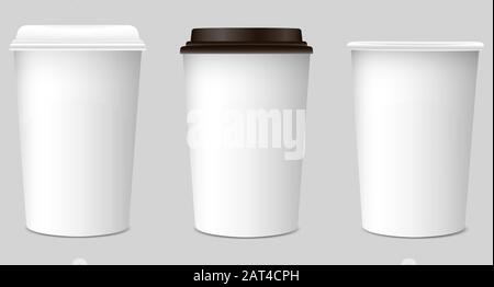 Vektorgrafiken. Set realistischer Einweg-Kaffeetassen aus Papier. Stock Vektor