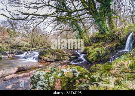 River Tavy Wasserfälle, lange Belichtung Stockfoto