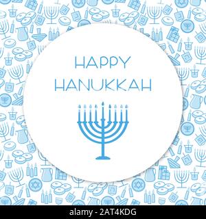 Happy Hanukkah Grußkarte Vorlage Design. Feriensymbole: Menorah (Kerzenleuchter), Kerzen, Donuts, Geschenke, Dreudel. Vektorgrafiken Stock Vektor