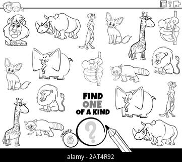 Schwarz-weißes Cartoon Illustration von Find One of a Kind Picture Educational Game mit Comic Animal Characters Coloring Book Page Stock Vektor