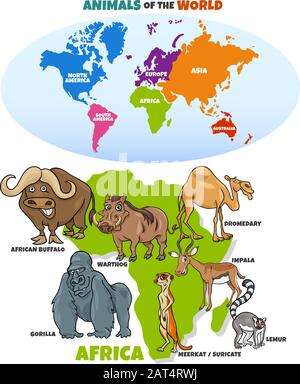 Educational Cartoon Illustration of African Animals and World Map with Kontinents Shapes Stock Vektor