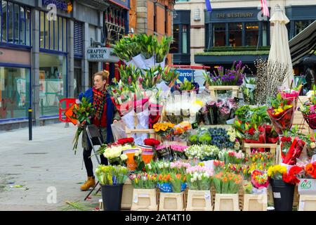 Dublin Ireland, Februar 2018: Redaktionelles Foto einer Frau, die Blumen auf der Seite der Straße in Irland verkauft. Stockfoto