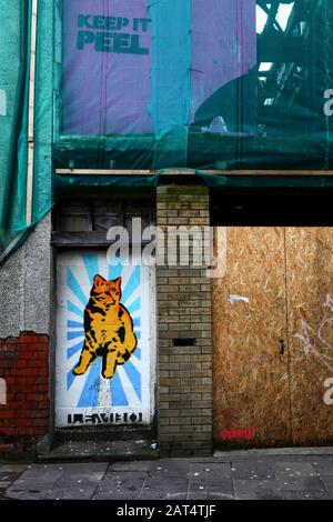 Keep It Peel Slogan and CAT mural on verlassene building in Womanby Street, Cardiff, South Glamorgan, Wales, Großbritannien Stockfoto