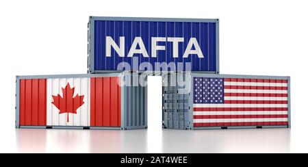 NAFTA - Frachtcontainer mit Nationalflaggen USA und Kanada - 3D-Rendering Stockfoto