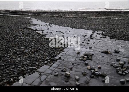 Kalksteinpflaster und Kieselstrand auf Vorland am Lavernock Point, South Glamorgan, Wales, Großbritannien Stockfoto