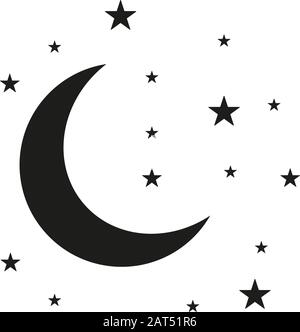 Mond- und Sternensymbol isoliert. Flaches Design. Vektorgrafiken.Nachtsymbol mit Mond und Sternen in flachem Stil. Nachtsymbol für Ihr Website-Design, siehe Stock Vektor