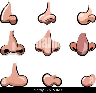 Cartoon-Set mit Vektor-Nase. Verschiedene Nasen für Zeichentrickfilme mit verschiedenen Größen, Nasenseiten und Farben. Requisiten für eine Zeichentrickfigur. Stock Vektor