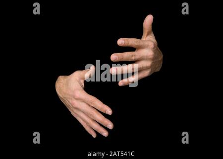 1 von 3 Bildern, die die Reihenfolge für das WORTZEICHEN in britischer Zeichensprache auf einem isolierten schwarzen Hintergrund anzeigen Stockfoto