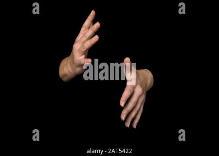 2 von 3 Bildern, die die Reihenfolge für das WORTZEICHEN in britischer Zeichensprache auf einem isolierten schwarzen Hintergrund zeigen Stockfoto