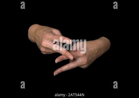 Die WORTPFLEGE in britischer Zeichensprache auf isoliertem schwarzem Hintergrund Stockfoto