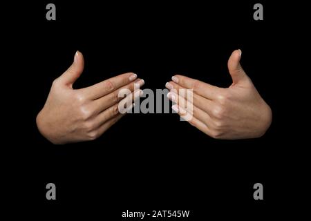 1 von 3 Bildern, die die Sequenz für die WORTGESUNDHEIT in britischer Zeichensprache auf einem isolierten schwarzen Hintergrund zeigen Stockfoto