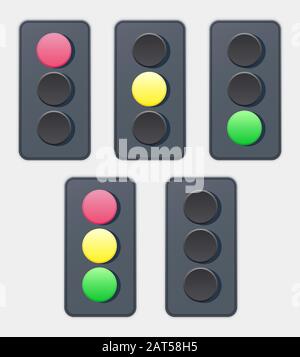 Ampelkreuzung Ampel Verkehrssicherheitsschild dunkelgrau mit hellem Vektor-Symbol für Lautstärkeregelung alle Zustände rot gelb grün eingestellt Stock Vektor