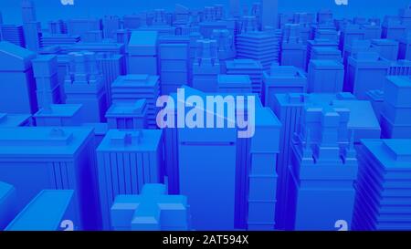 Abstrakte, moderne Skyline des Stadtbildes. Blau getonte 3D-Abbildung. Schlichtes Konzept Stadtbauten Hintergrund. Stockfoto
