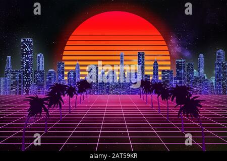 Retro-Welle, Synthwave oder Vaporwave Skyline Landschaft oder Landschaft in der Nacht mit Sternenhimmel und Sonne. Abstrakte 3D-Darstellung. Arcade-Gaming 80 Stockfoto