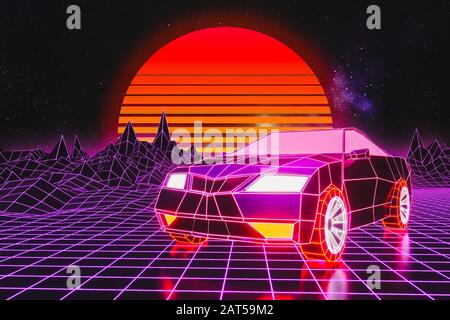 Flacher generischer Sportwagen mit Gitterterrain und Sonne. Retro Wave oder Synthwave oder Vaporwave 80er Arcade Spiel futuristischer abstrakter Stil 3d Rendering il Stockfoto