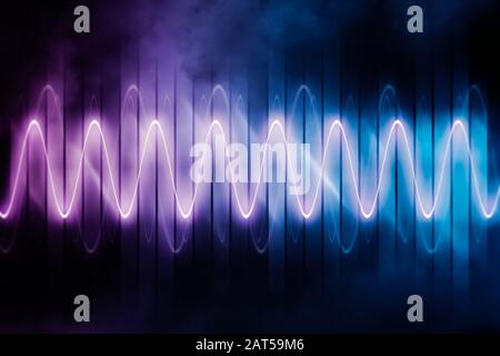 Audiosignal oder Soundwelle leuchtende neonabstrakte Hintergrund- oder Hintergrund- oder Hintergrundbilder futuristische Illustration . Technologie-, Sound- und Musikgrafik Konz Stockfoto