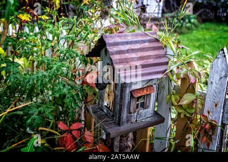 Ein sehr einzigartiges, altes, getragenes Vogelhaus, das in einem Garten zwischen den grünen und roten Blättern des Herbstes sitzt Stockfoto